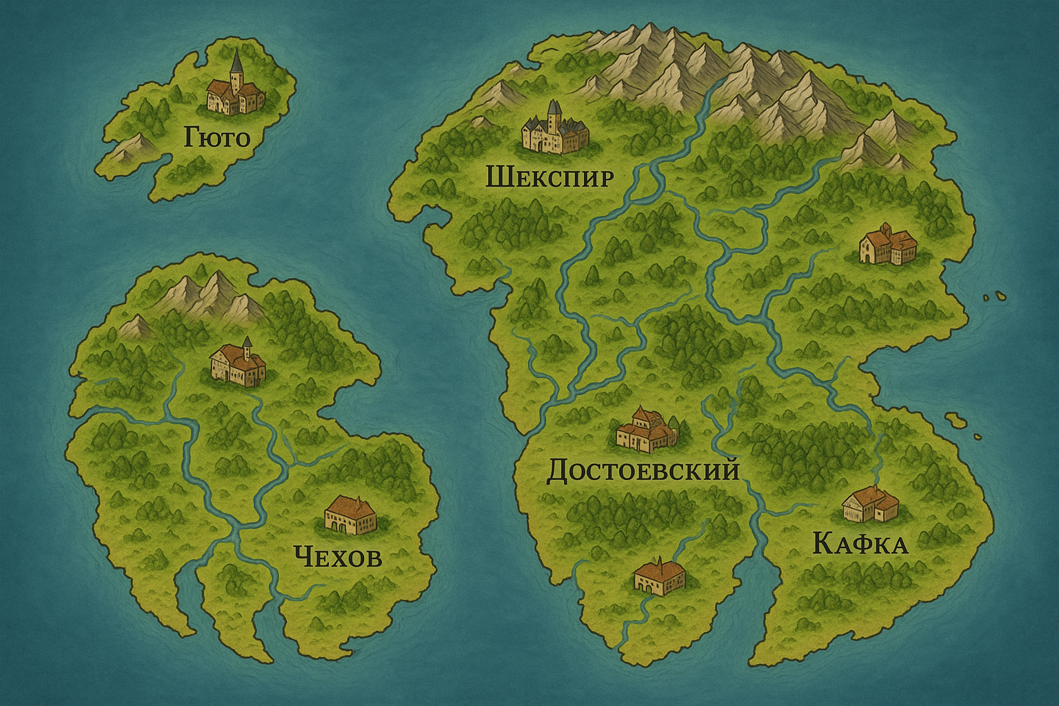 Карты с островами Гюго, Чехова, Шекспира, Достоевского и Кафки